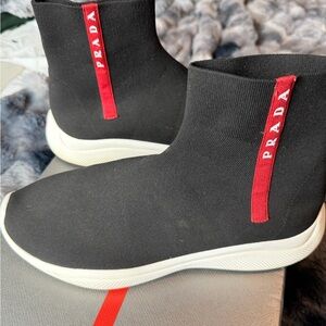 Prada Black and Red Sock Sneakers